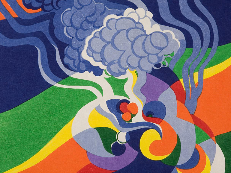A colorful, abstract painting of clouds, wind and other natural elements. 
