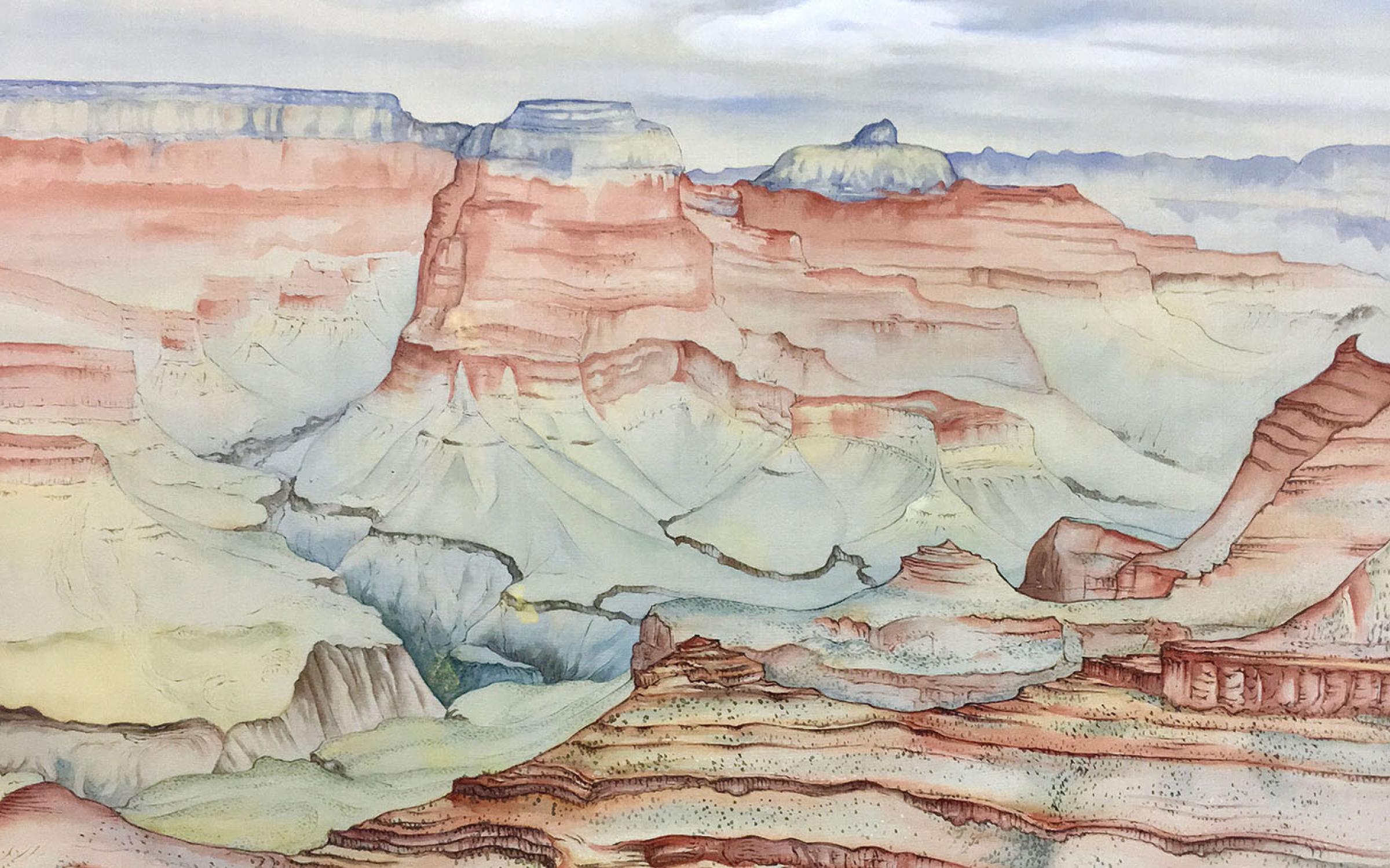 Chiura Obata (American, b. Japan, 1885–1975), Grand Canyon, May 15, 1940, watercolor on silk, 17 1/2 x 21 3/4 in., Amber and Richard Sakai Collection