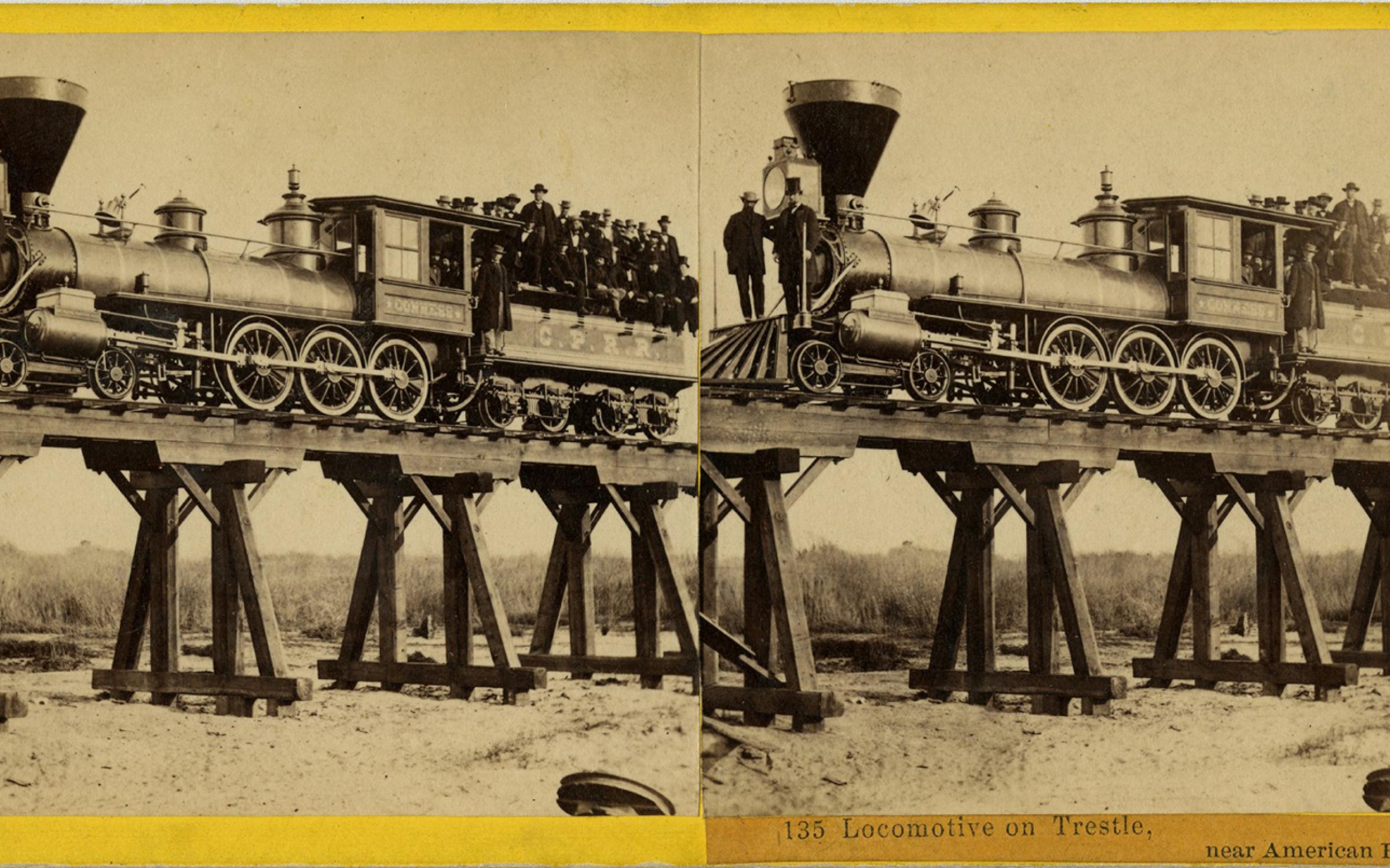 Alfred A. Hart (American, 1816–1908), Locomotive on Trestle, near American River, 1865, albumen stereograph, courtesy Union Pacific Railroad Museum.