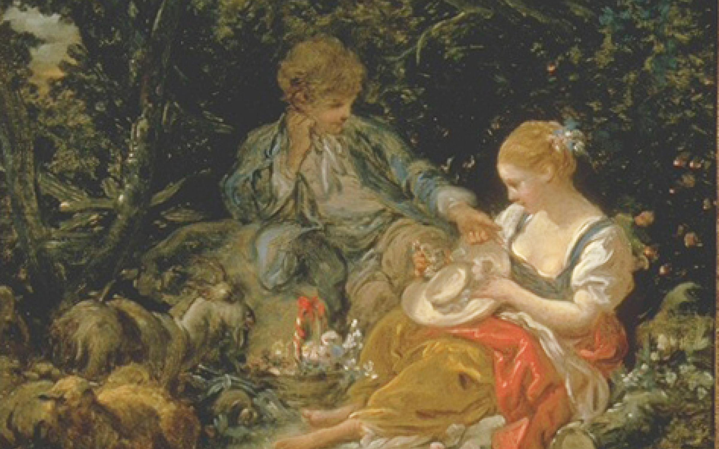 A painting of a couple in the forest