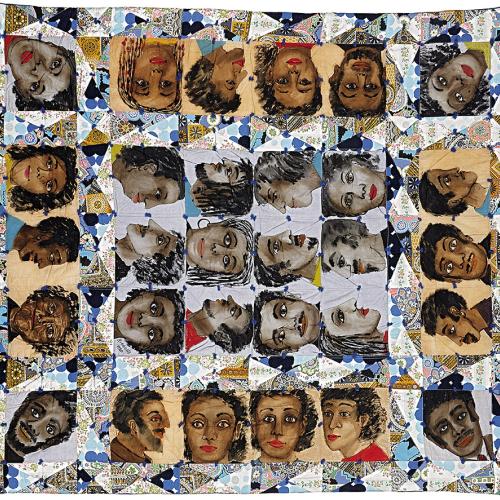 A quilt-like grid of painterly faces of black people 
