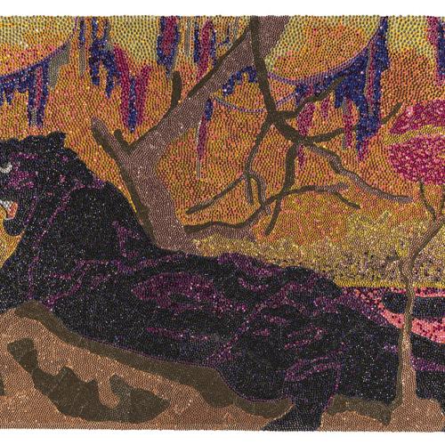 A black panther lies in the center of the scene surrounded by branches and vines. The composition is formed in colored rhinestones