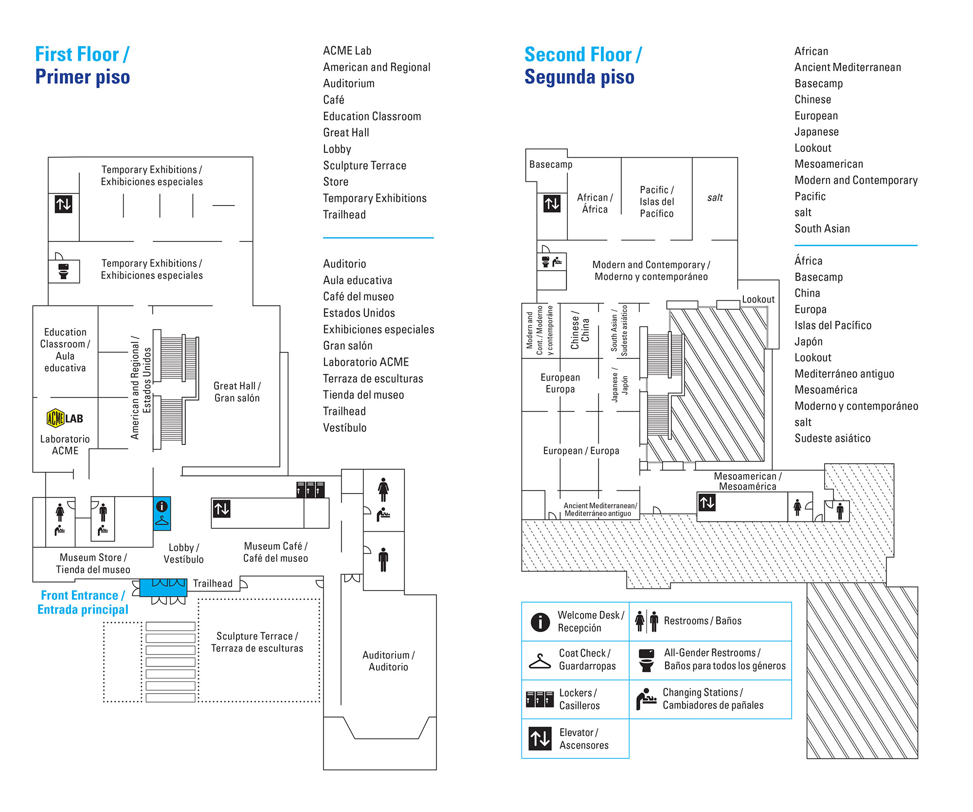 A black, white and bright blue line drawing map of the museum building and galleries.